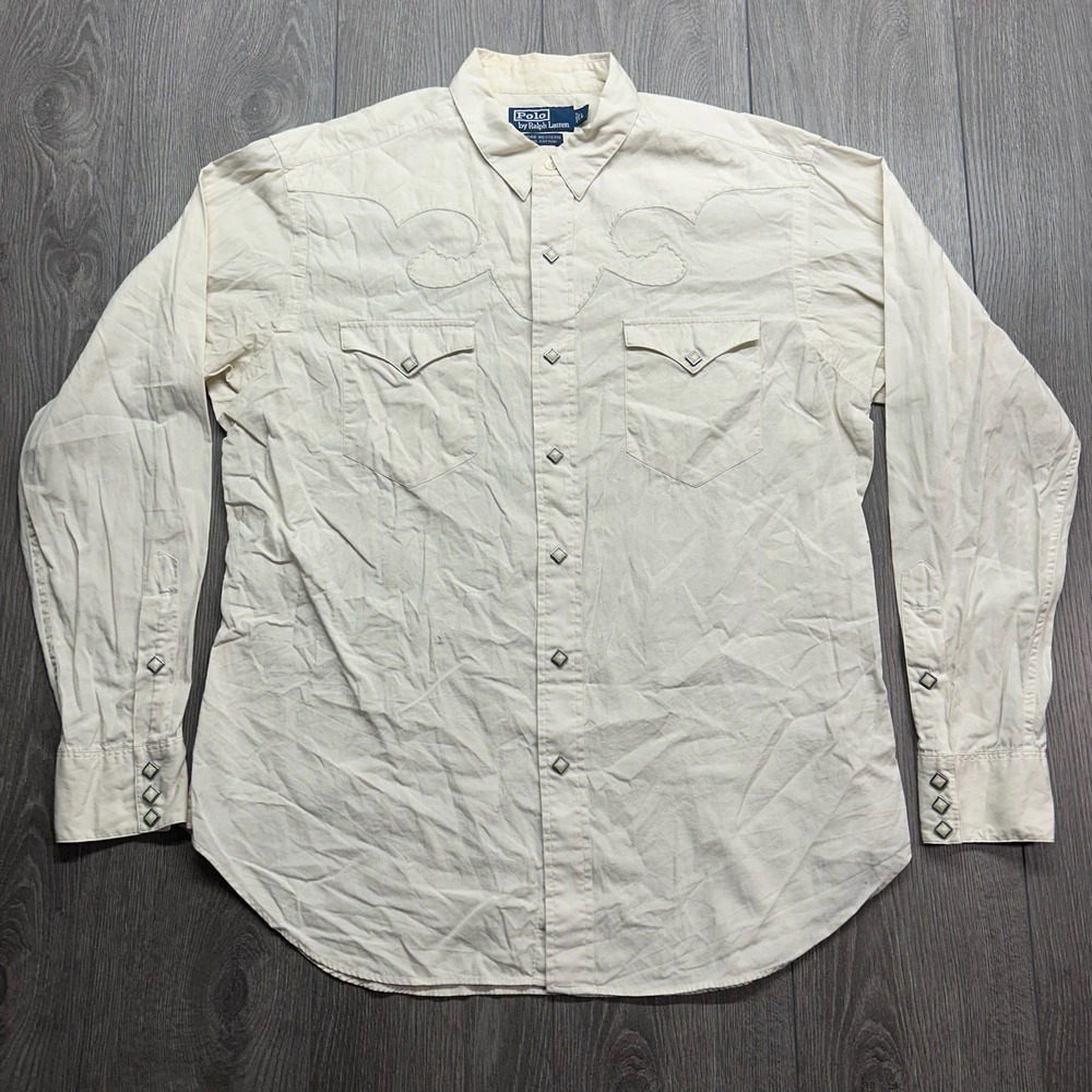 Polo Ralph Lauren Moab Western Shirt Mens Large Cream Cotton Pearl Snap Cowboy